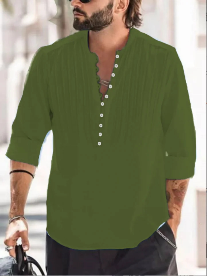 mens bandage round neck high-quality mens solid color cotton folding casual slim fit long sleeved shirt 250427