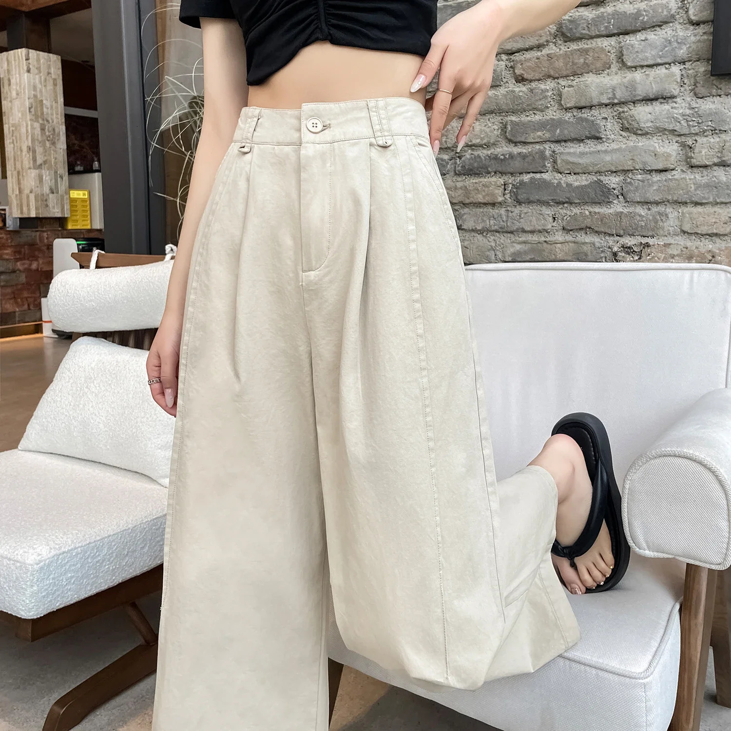SpringSummer Cotton Wide Leg Pants Suitable for Women Waist Solid Casual Loose Ankle Length Mens Style 250428