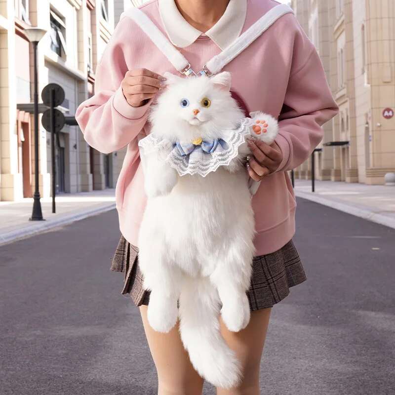 Super Cute Trendy Fashion White Plush Girl Backpack Pure Handmade Simulation Cat Shopping Bag Birthday Gifts For Kids