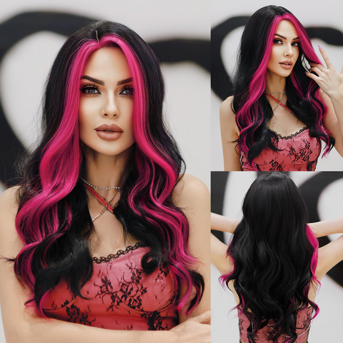 lace Small Asian dyed rose red curly hair with large waves split wig for women full head cover natural hair stitching wig