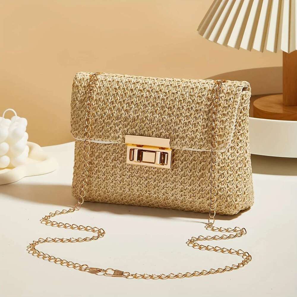 Woven Straw Handwoven Women's Shoulder Bag, Fashion Solid Color Crossbody Purse With Lock Closure