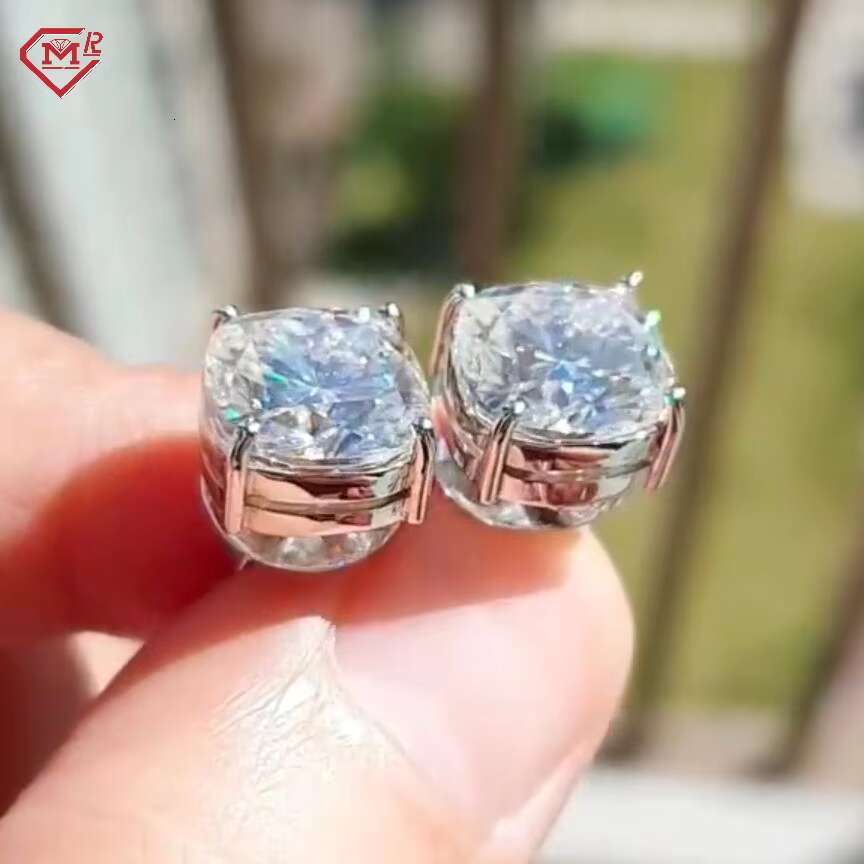 Hip Hop Moissanite Stud Earrings Sterling Silver Claw Setting Screw Back Moissanite Earrings