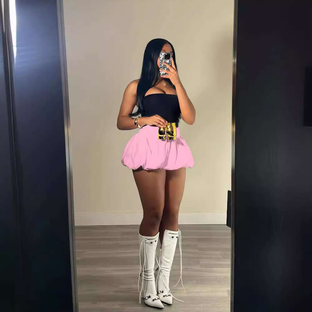 European and American style pleated bubble solid color elastic waist ultra short mini skirt 2025 new casual fashion trend clothing