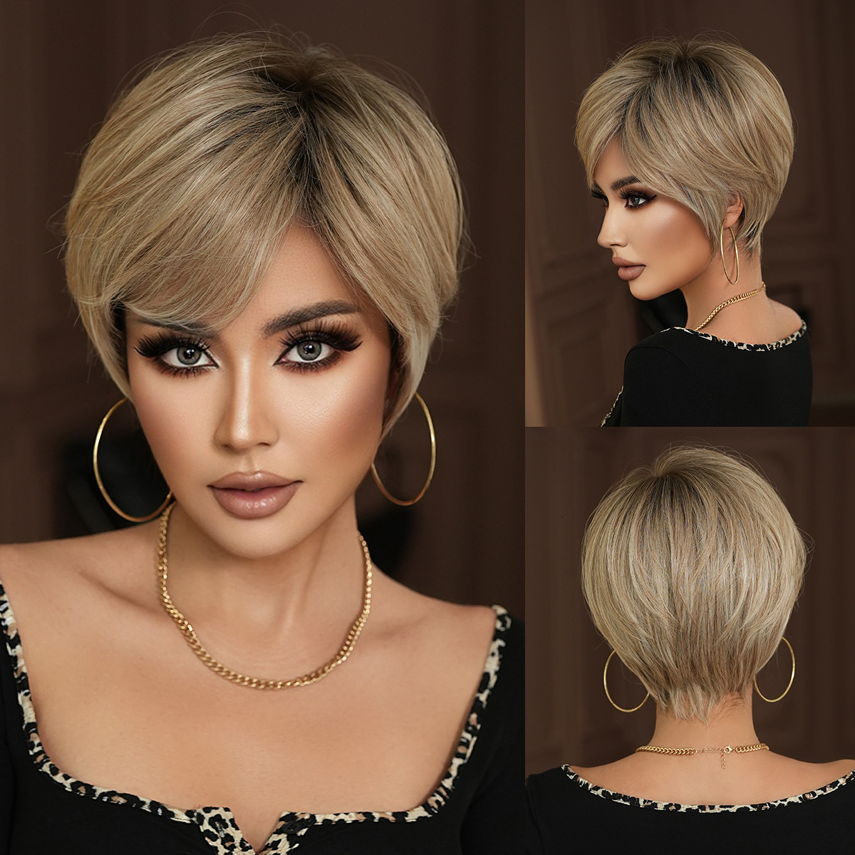 for Wig middle-aged and elderly women with short hair mothers wig full head cover beige diagonal bangs synthetic American frosted hair