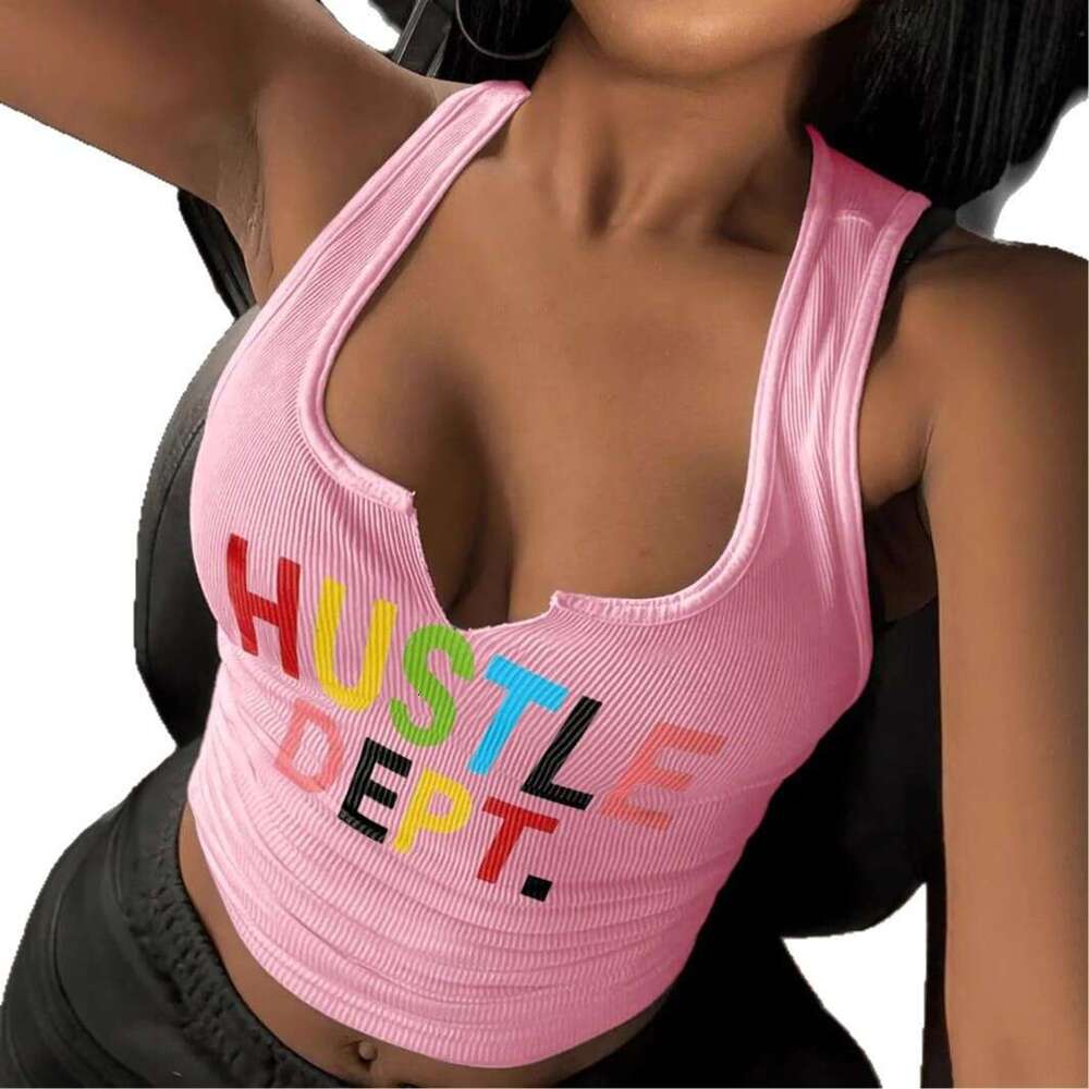 European and American sexy letter printed T-shirt women's brand sleeveless U-neck vest 2025 new casual versatile fashion clothing