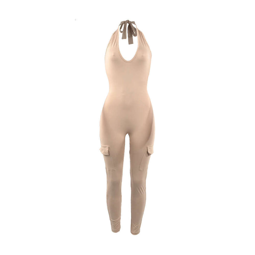 Hot selling spring/summer women's sexy backless hanging neck V with pocket lifting hip sports jumpsuit 2025 new casual versatile fashion clothing