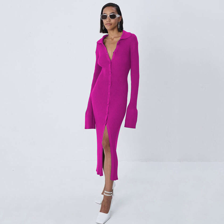 European and American 2021 autumn women's sleeved V-neck long flared sleeve sweater dress 0005 2025 new casual versatile fashion clothing