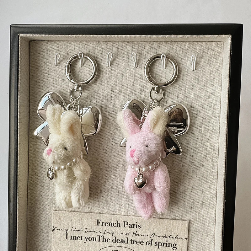 Plush Small Bear Pearl Chain Keychain Cute Doll Bag Charms Big Metal Bow Pendant Keychain Girl Heart Hanging Ornament Jewelry 250430