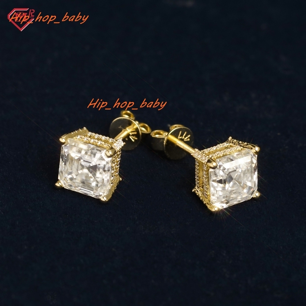 Customized Square Men Earrings 925 Silver Yellow Gold Plated Hip Hop Elegant Design Moissanite Earrings