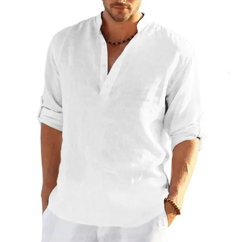 mens linen long sleeved solid color loose casual breathable shirt cotton mens shirt er lightweight streetwear 250427