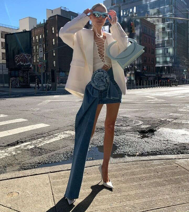 23 Spring/Summer Popular European and American Stacked Long Lace Rose Handmade Flower Denim Mini Skirt 20250275 2025 Versatile New Trendy Clothing Ins