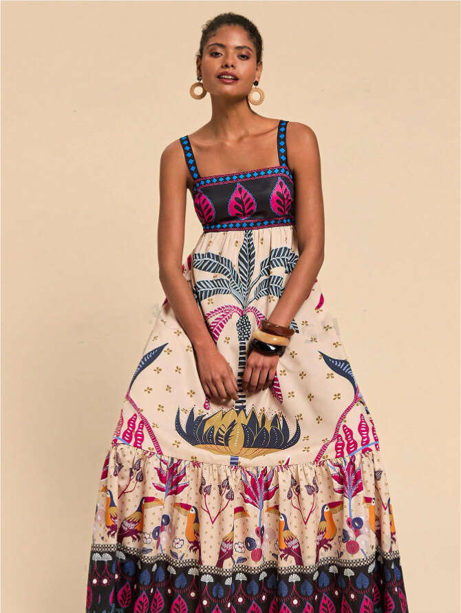 European and American women's tropical printed vacation style Bohemian dress 2025 new casual fashion trend clothing