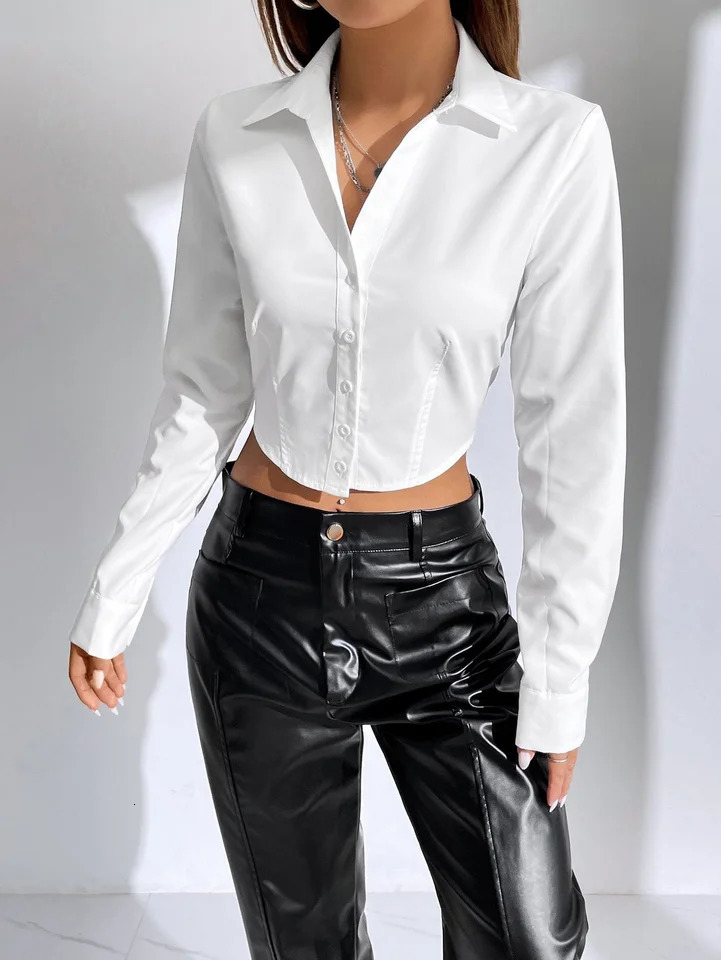 Womens casual solid color button crop short sleeved long shirt 250422