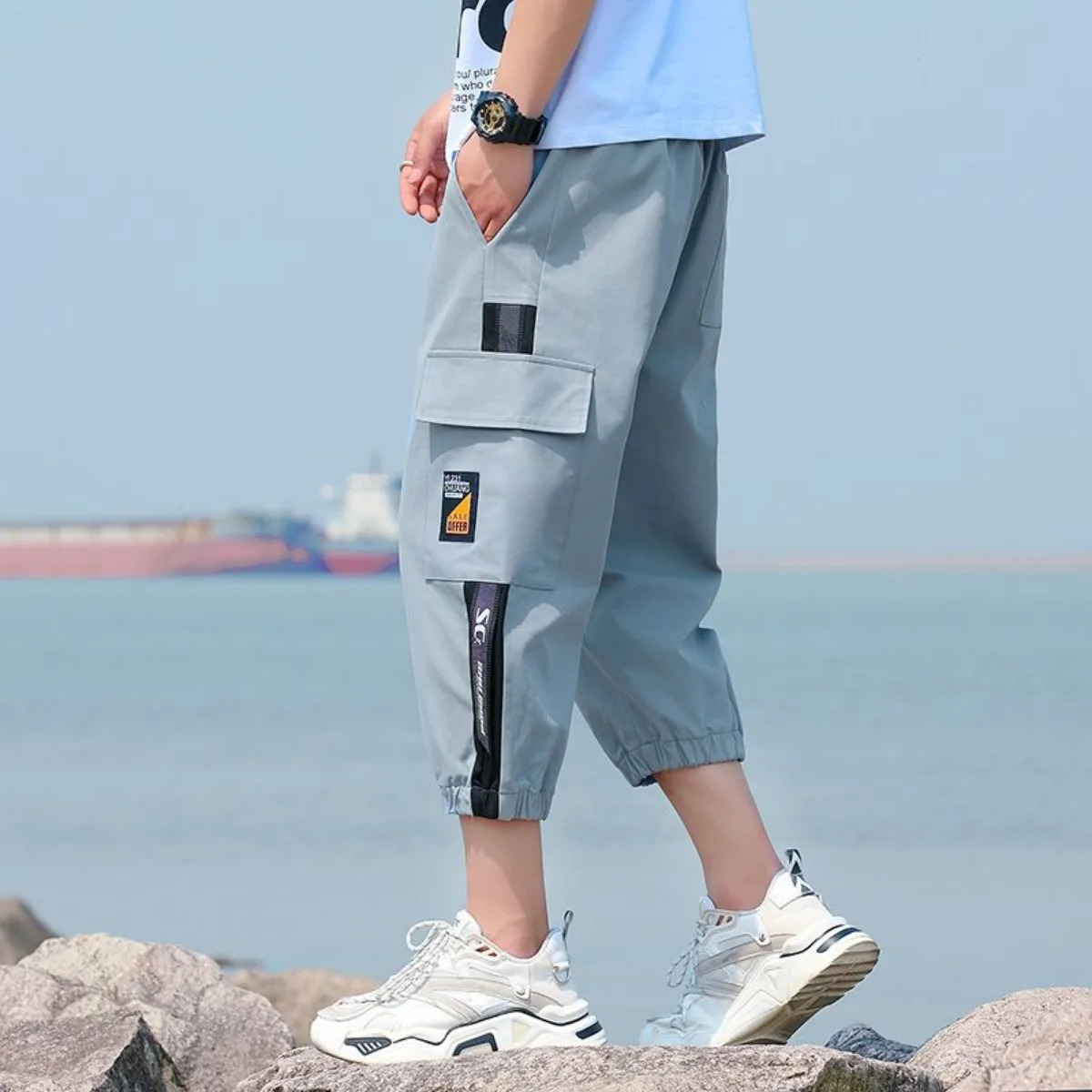 style hiphop below knee 34 long shorts mens tactical pants with multiple pockets summer diagonal work cargo 250425
