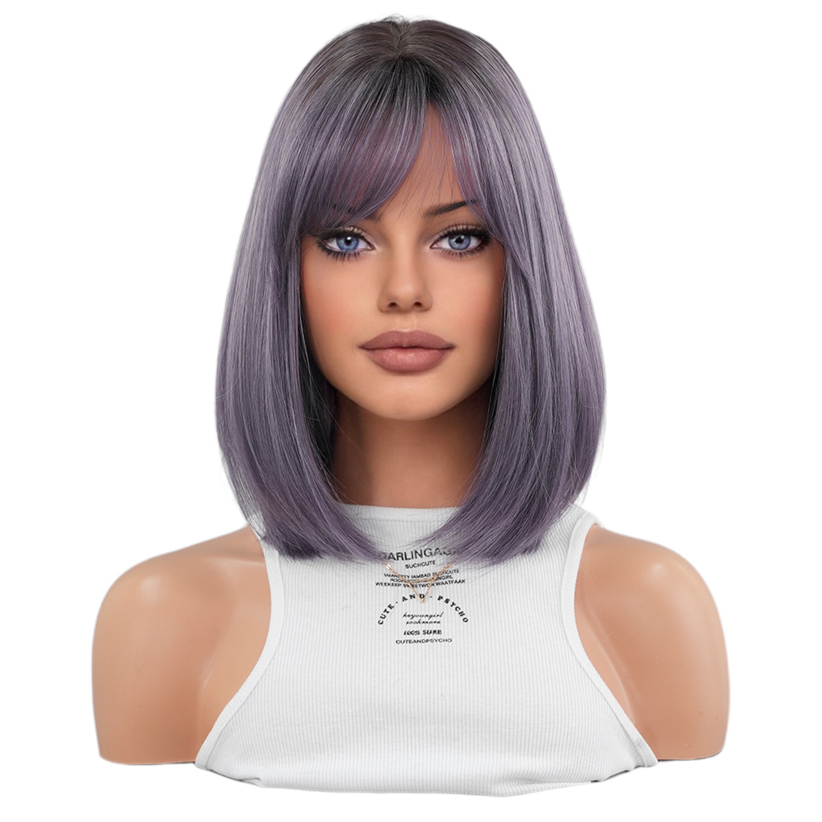 wig 2025 for women with gradient gray purple short straight hair slanted bangs Bob bob short hair synthetic mechanism headband