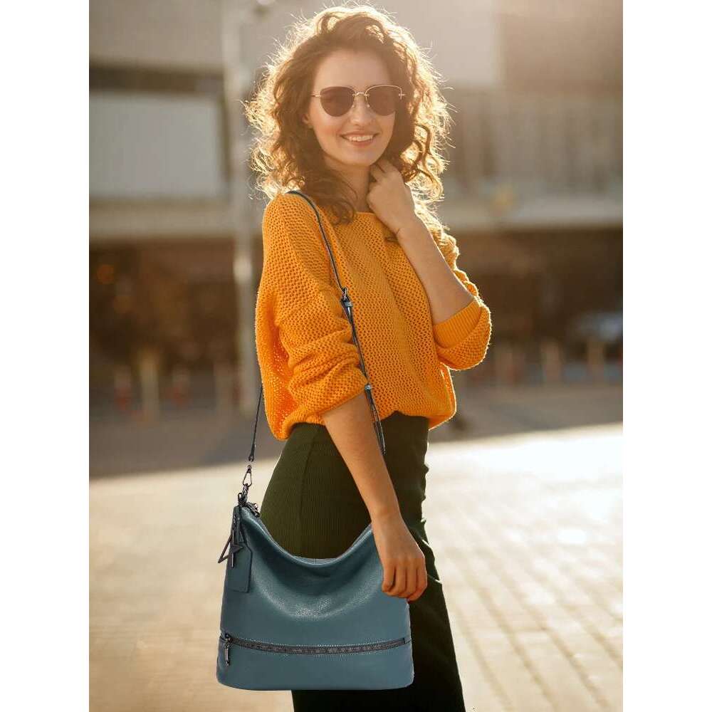 Zency Women Genuine Leather Large Tote Elegant Hobo Handbag Shopper Shoulder Bags Retro Blue Green Crossbody Multi-Pocket