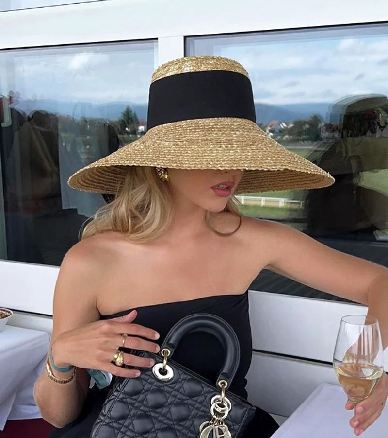 Summer straw hat French elegant seaside travel sun hat bow ribbon flat top large brim straw hat hats for women 250430