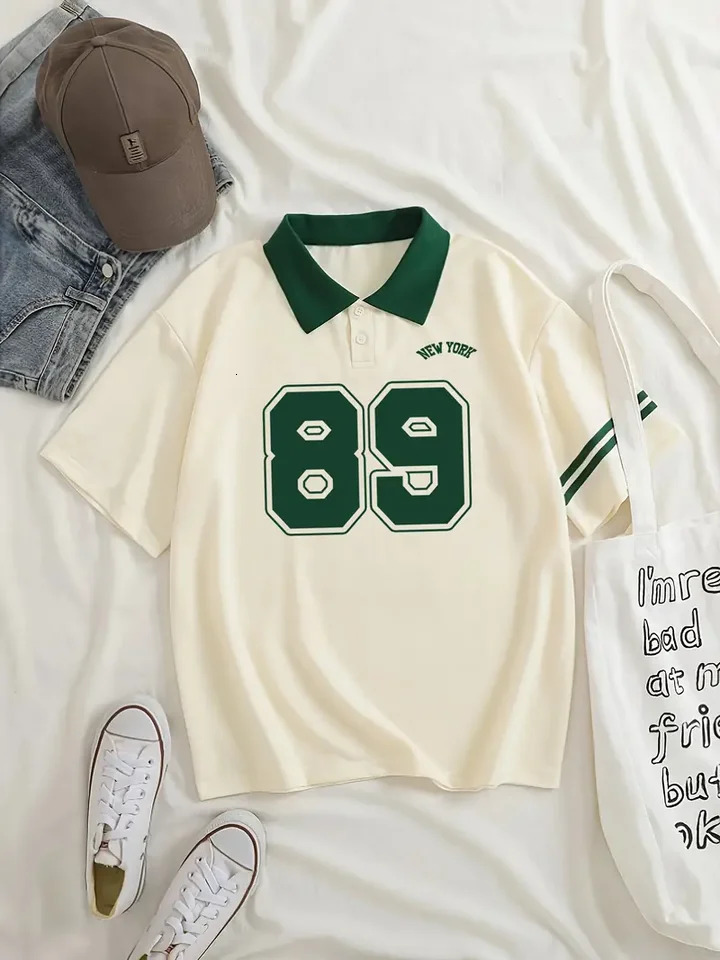No89 Graphic Casual Style Womens Fashion Versatile Short sleeved Golf Polo Shirt with Contrast Neck Activewear 250425