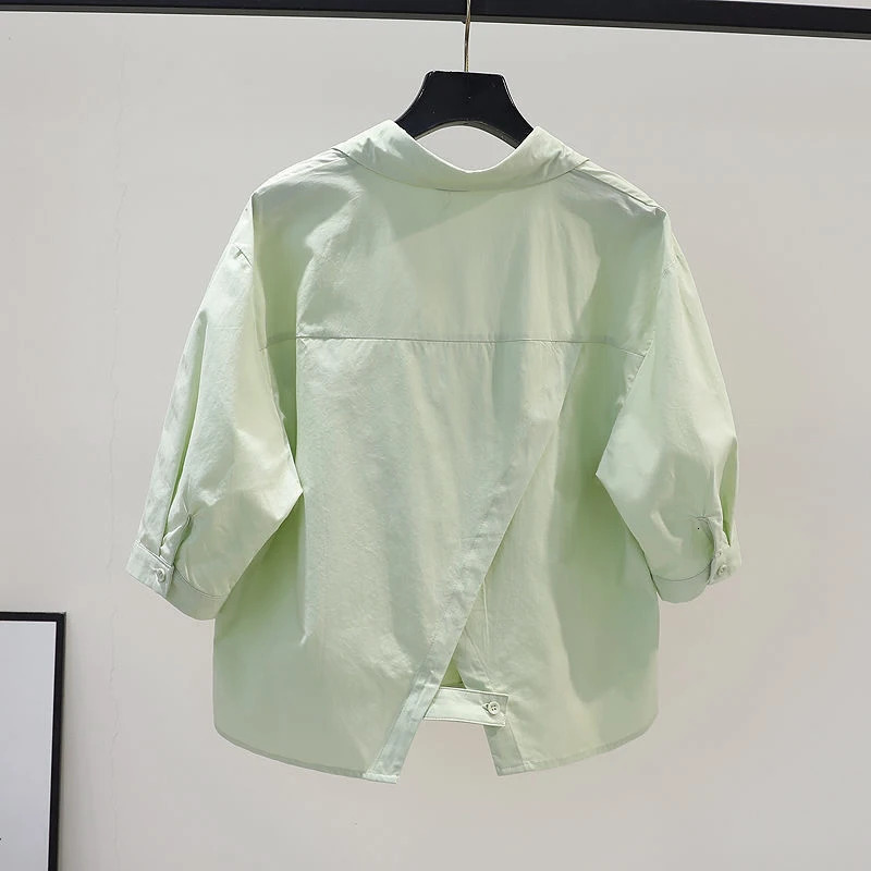 OL Back Split White Shirt Casual Fashion Korean Womens Short Sleeve Top Prefabricated Style Basic Solid 250422