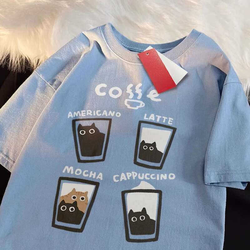 Summer Cream Coffee Cat Print Oversized Loose Short Sleeve Unisex T-shirt Women American Youth Casual Street Couple Top
