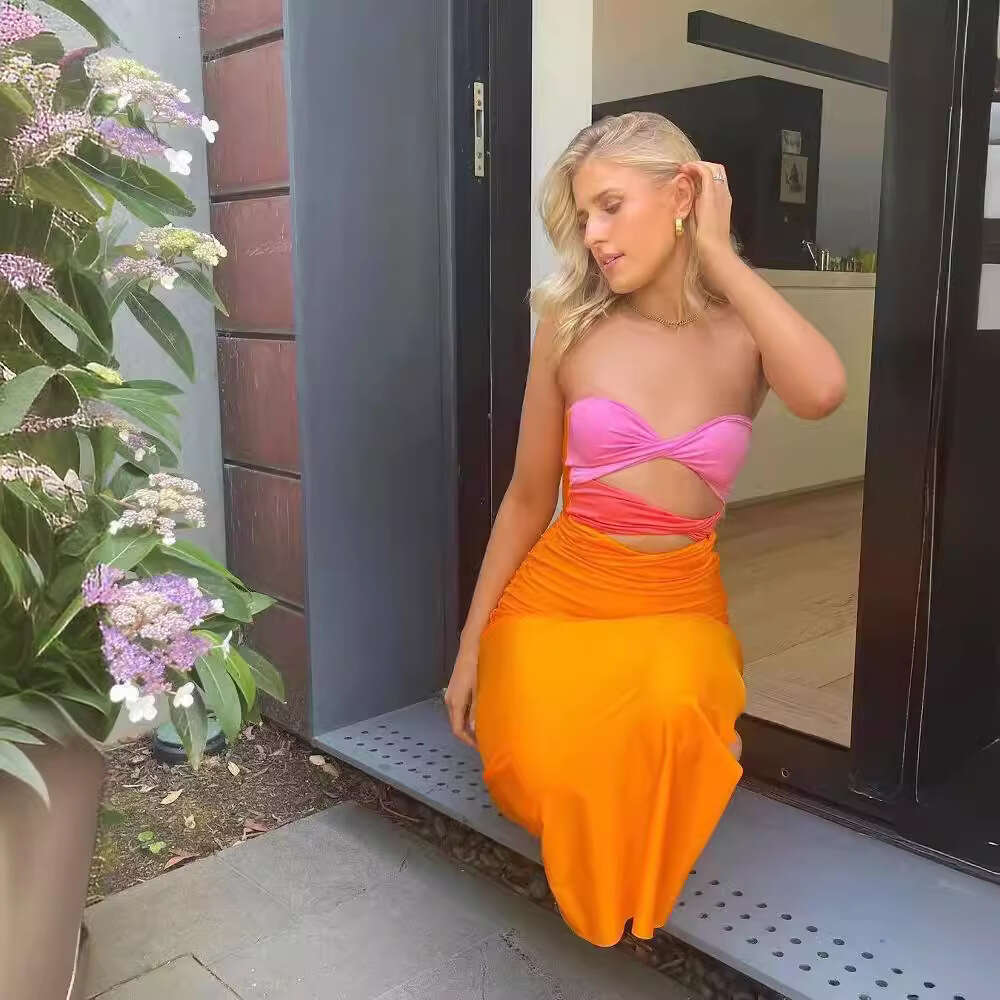 Hot selling items for spring summer 2025, colorful contrasting knitted slim fit long vacation dress, 20250058, 2025 new style, chic and elegant clothi