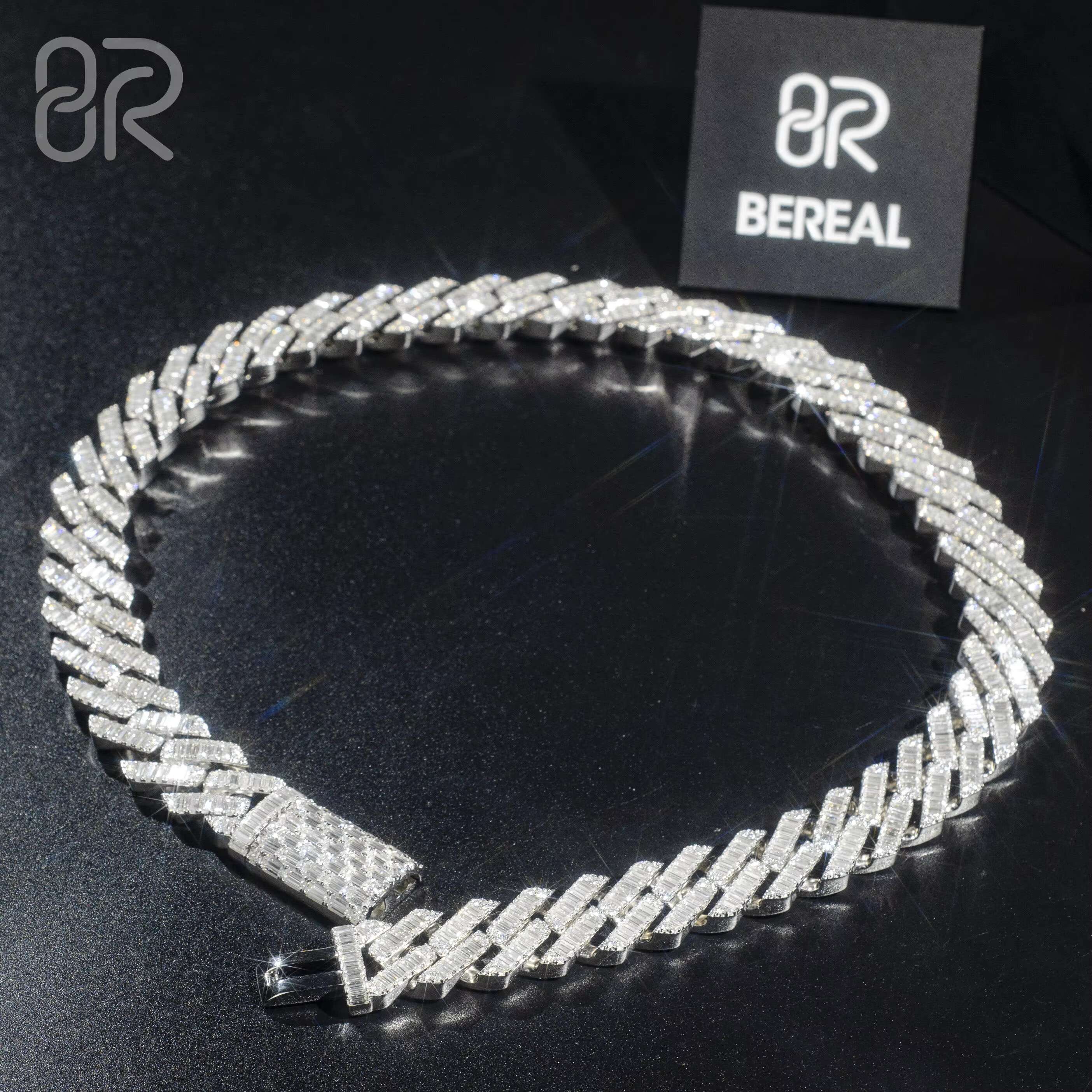 18mm VVS Moissanite Cuban Link Chain Necklace Custom Iced Baguette Straight Line Cuban Chain Hip Hop 925 Silver Jewelry