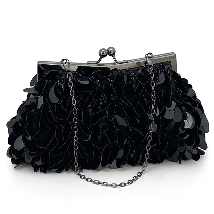 Fashion sequin bead evening bag womens green dinner party clutch wallet hand woven chain shoulder flash handbag Sac 250428
