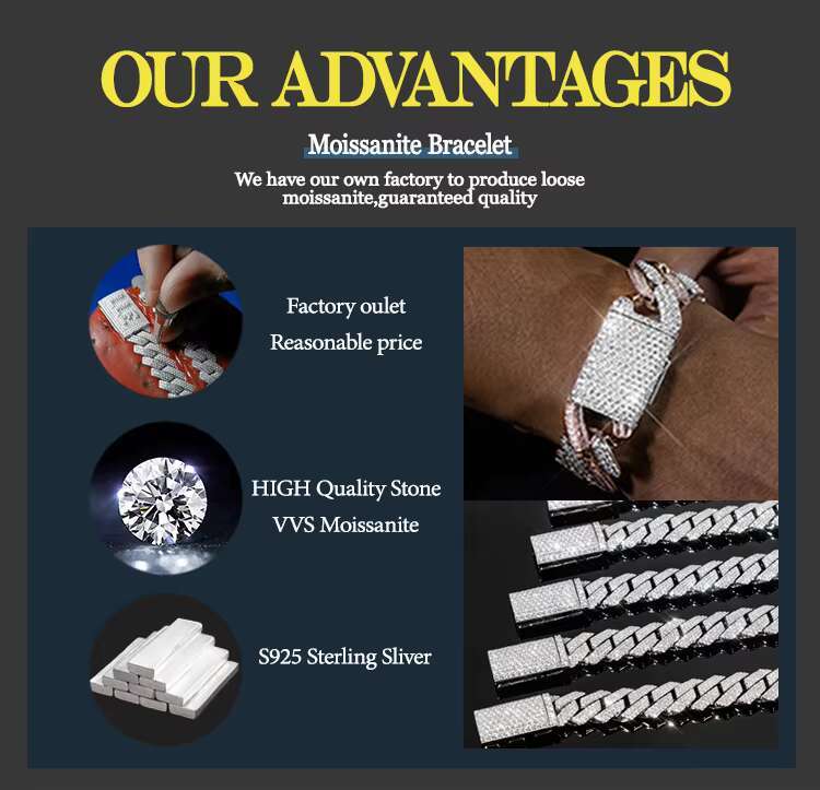 Hip Hop Jewelry Moissanite Cuban Bracelet Chain Vvs Iced Out 925 Sterling Silver Custom Moissanite Bracelet