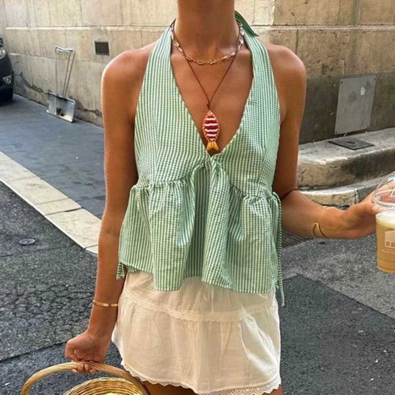 Bohemian plain vest Coquette lace up camisole collar sleeveless vest summer backless crop top womens holiday streetwear 250427