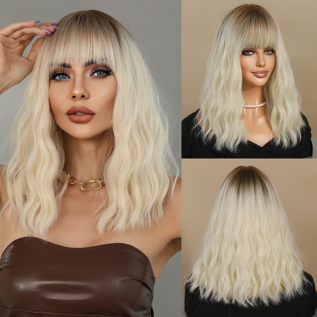 gradient 2025 brown medium long wavy curly hair with bangs top dyed appearance natural mechanism full head cover