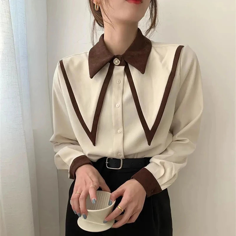 MEXZT Retro Chiffon Shirt Womens Elegant Patchwork Long Sleeve Office Black Collar Casual Top 250422