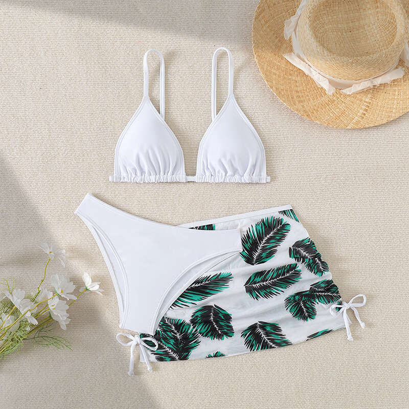 European American children's three piece set printed medium large girls' hot spring bikini swimsuit new style chic and elegant clothing