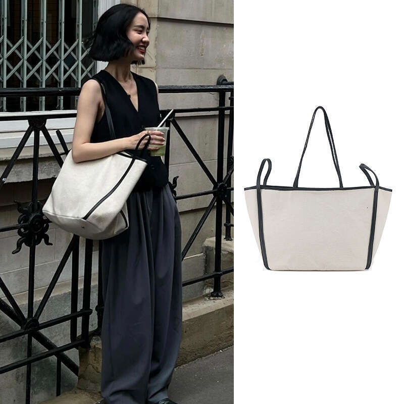 2024 Summer New ARKET Canvas Tote Shoulder Splicing Head Layer Cowhide Contrast Color Large Capacity Underarm Bag