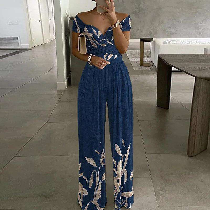 Spring European and American Women's Elegant One Shoulder Printed High Waist jumpsuit New Casual Fashion Trendy Clothing