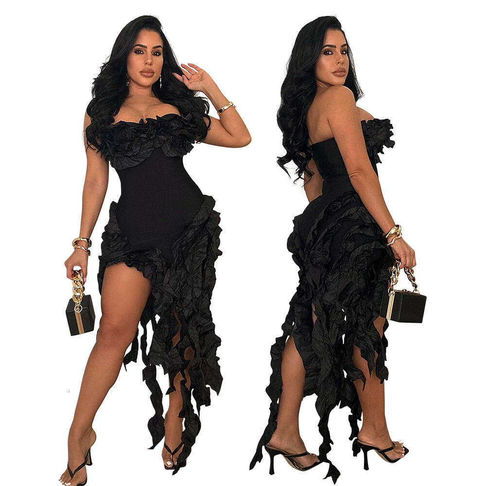 CY901043 European and American strapless solid color sexy irregular tassel high slit dress for women 2025 new casual versatile fashion clothing