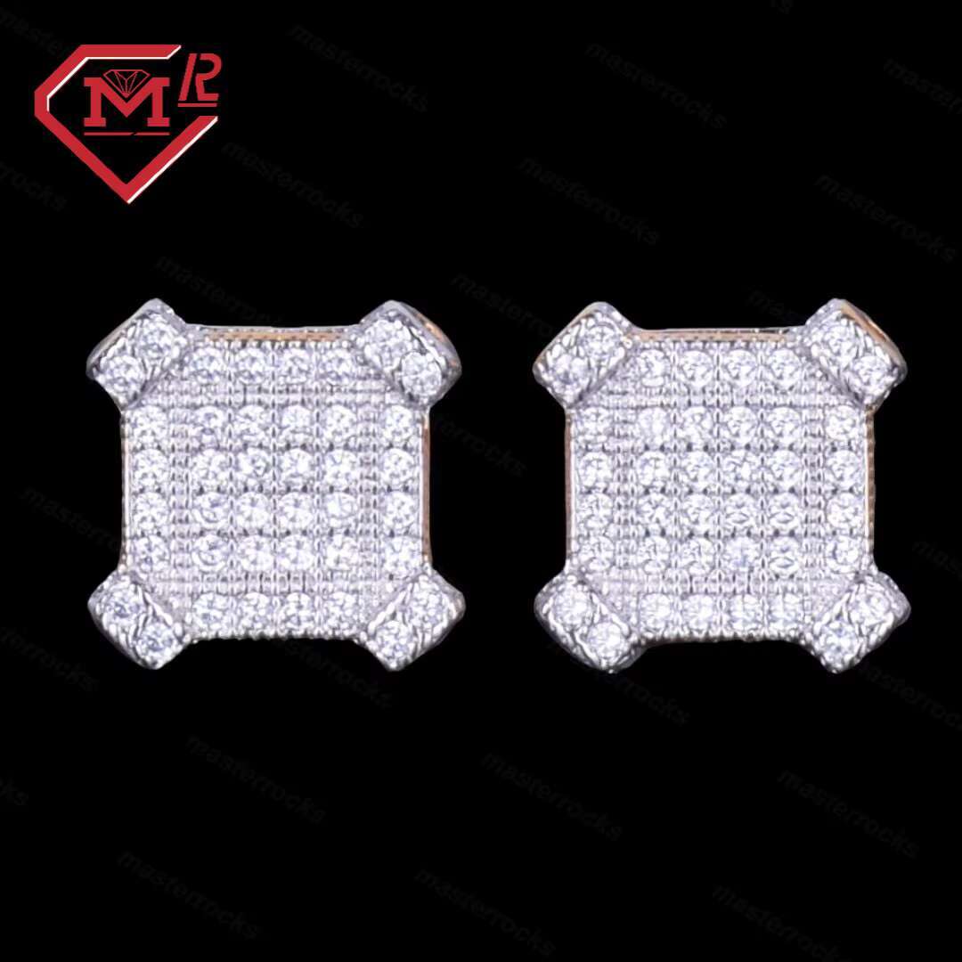 10mm Shine Moissanite Square Iced Out Unisex Earrings Hiphop Fashion Jewelry Gold Plated Earrings