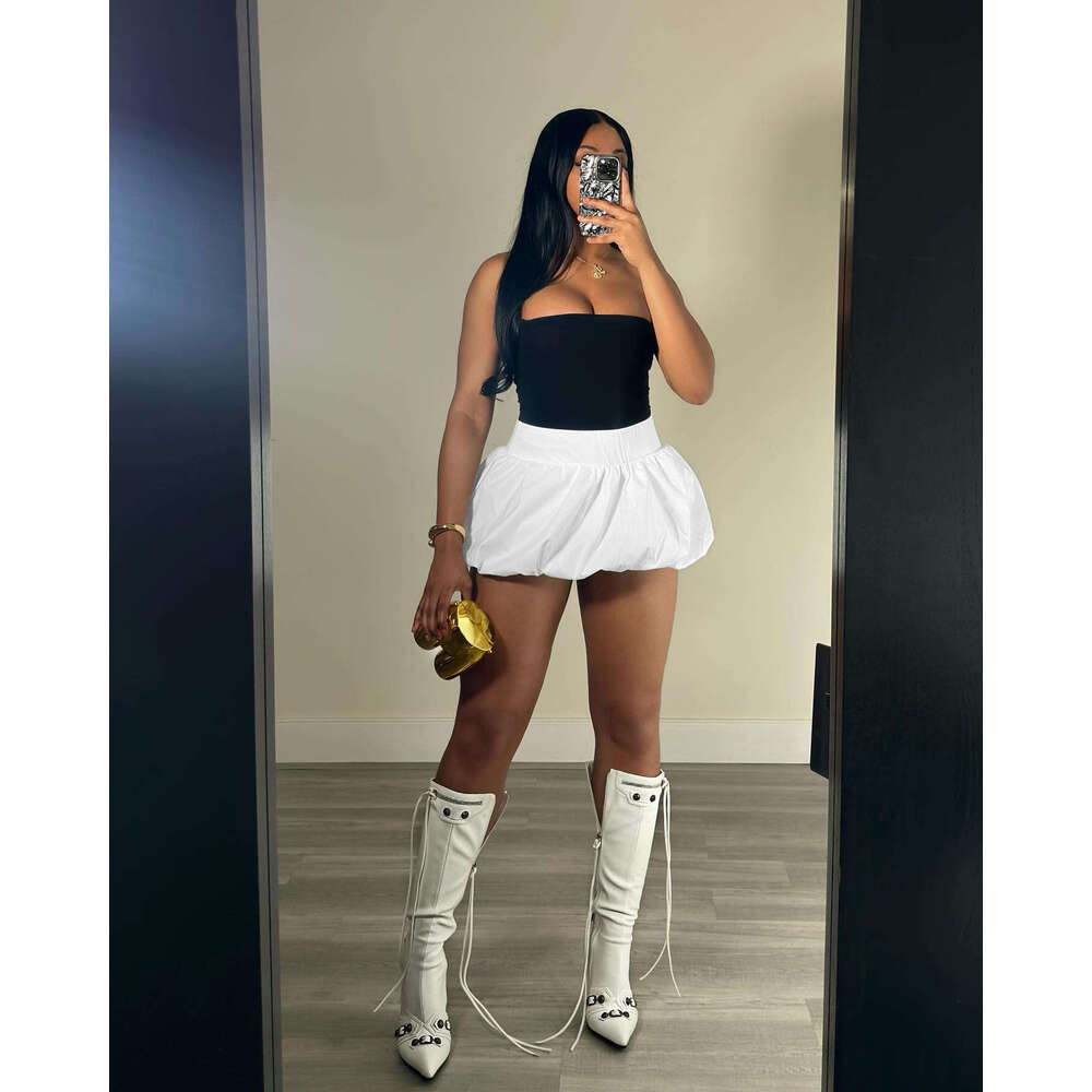 European and American style pleated bubble solid color elastic waist ultra short mini skirt 2025 new casual fashion trend clothing