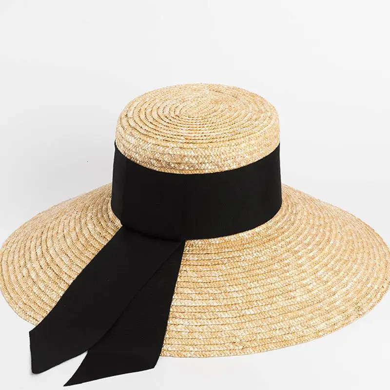 Summer straw hat French elegant seaside travel sun hat bow ribbon flat top large brim straw hat hats for women 250430