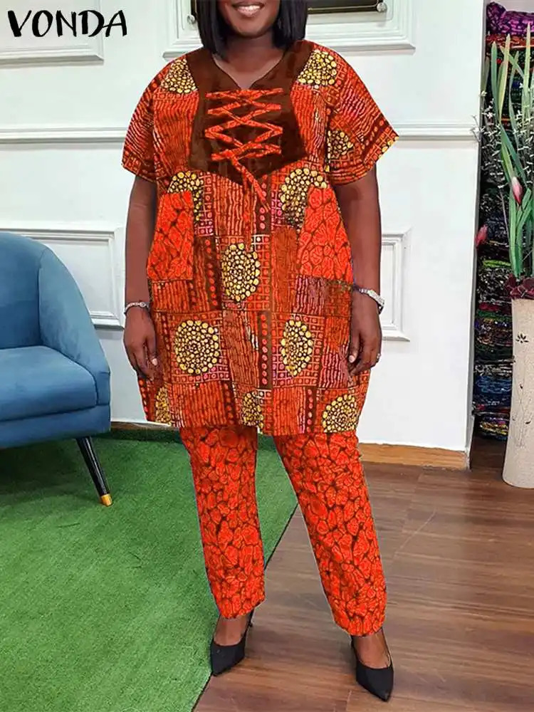 Size Up VODA Womens Bohemian Printed Pants Set Summer Short Sleeve Summer Top and Mens Casual Set 2-piece Set 250427