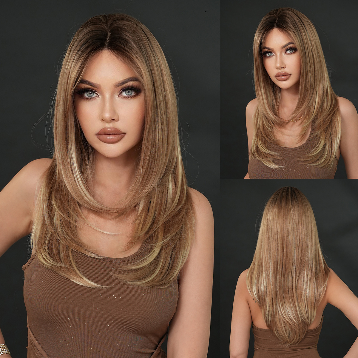 lace Small wig for women full head set Asian spicy girl dyed with gold layers buttoned straight hair natural hair stitching wig