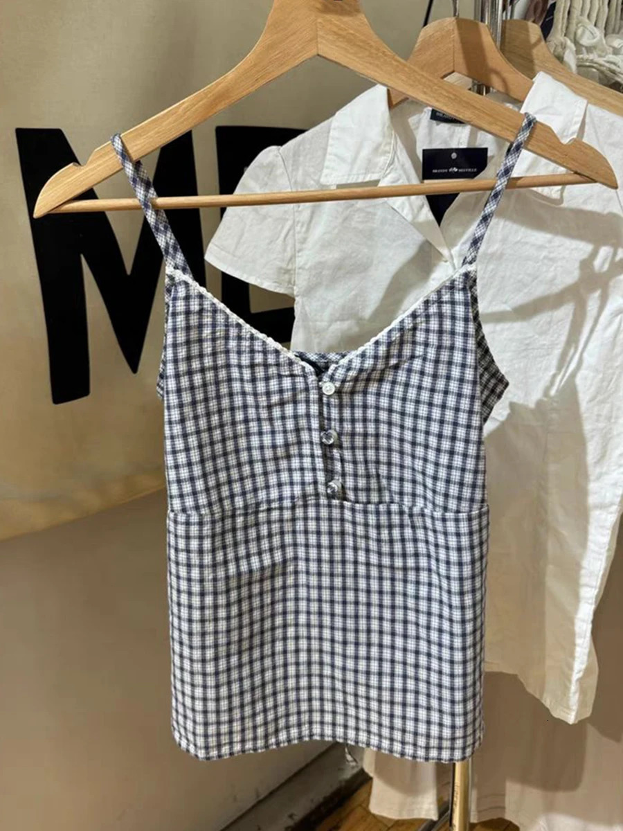 Retro navy blue plain weave vest for women with lace trim V-neck button back cotton Camis summer casual streetwear sweetheart slim fit vest 250427
