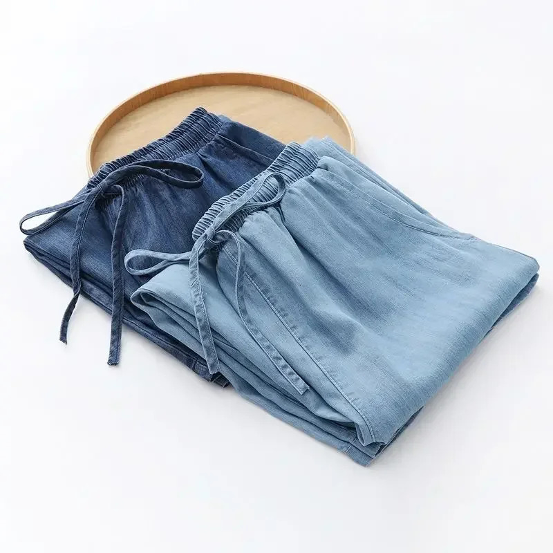 Womens summer elongated wide leg pants cotton blue denim jeans mom elastic waist straight women 250428