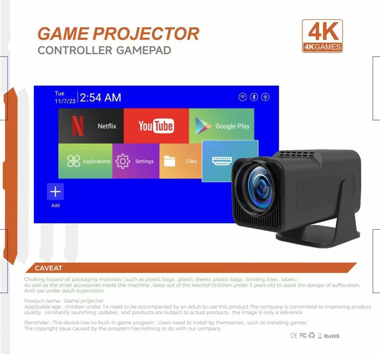 X12 PLUS retro gaming projector,4K HD TV video game stick, Portable projector with 10000+ Games,HDMI Output, WIFI
