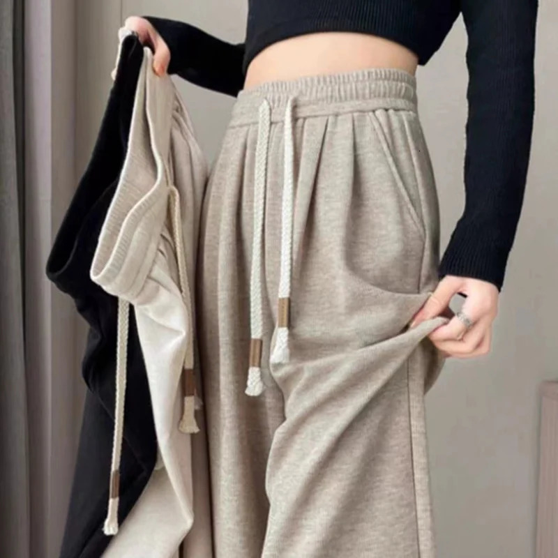 Autumn Womens Classic Edition Daily High Waist Pants Fashion Pure Cotton Elastic Wide Legs Straight Trousers 250428