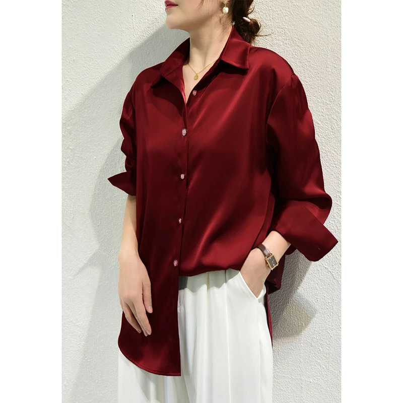 satin veneer shirt and womens casual top OL long sleeved single chest elegant French solid 250422