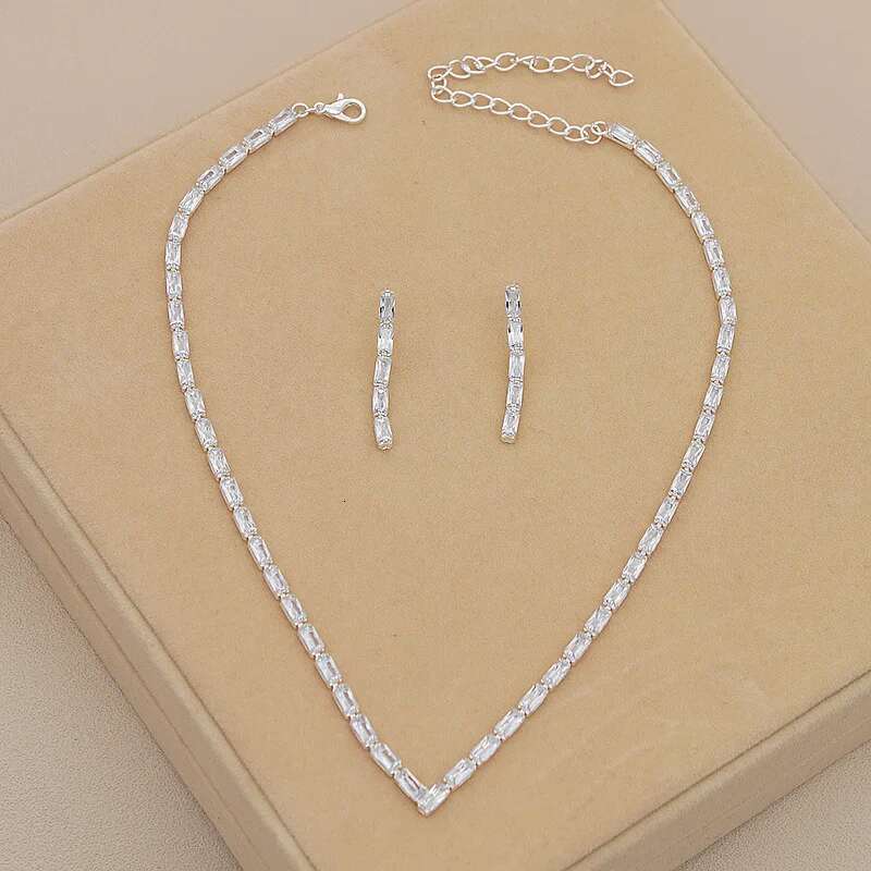 Simple Geometric Zircon Necklace Women Crystal Earrings For Wedding Bride Jewelry Sets Accessories