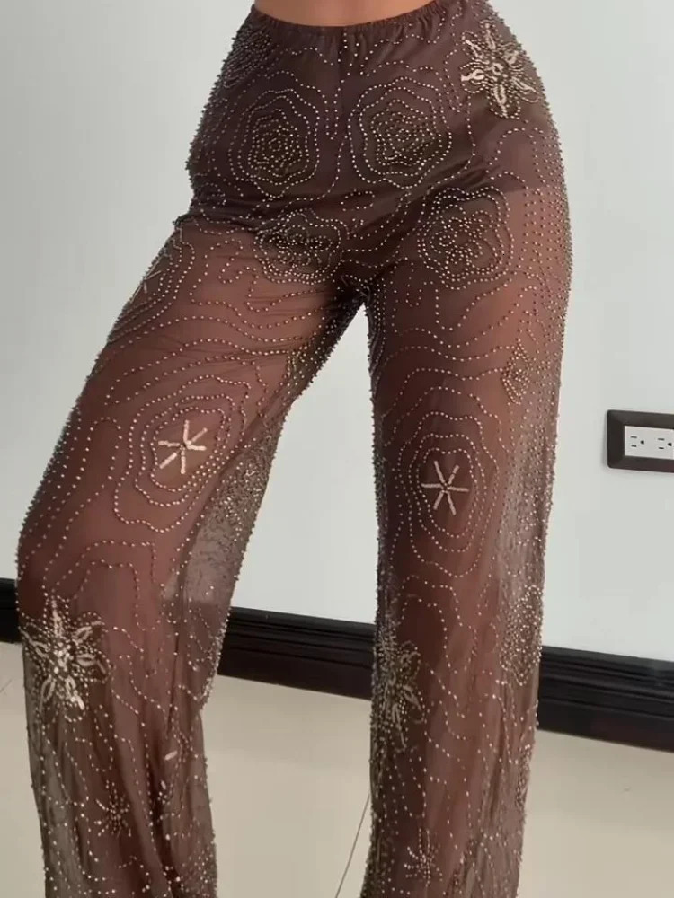 Chic See Through Beams sequins straight thin Trouser fashion y womens low waisted pants summer party 250428