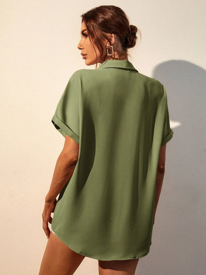 Spring and summer womens casual solid color button pocket patch shirt short sleeved comfortable suitable for style top 250422