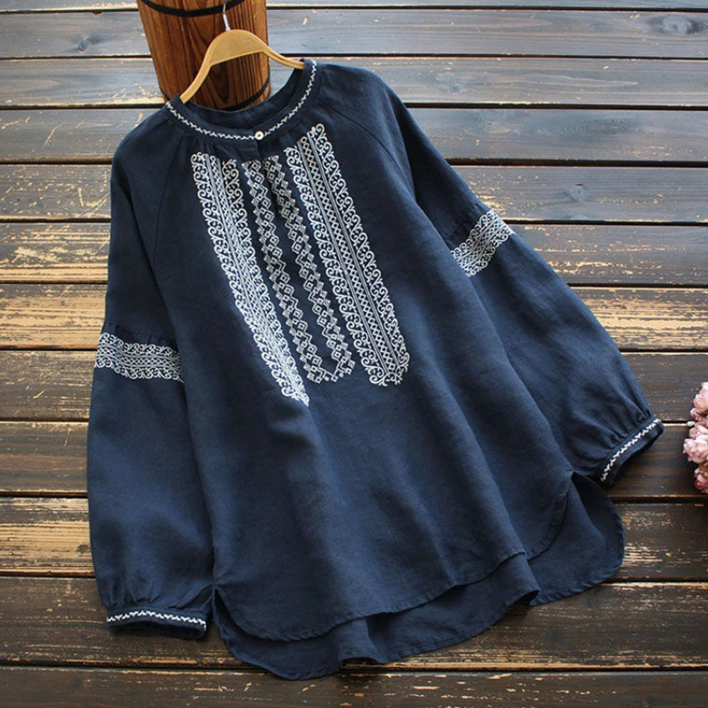 Vintage Embroidered Womens Shirt Large Solid Long Sleeve Ethnic Style Autumn Casual Loose Top 250430Z