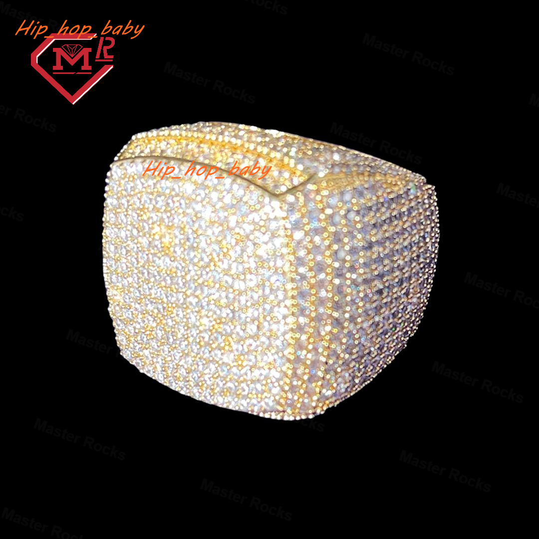 Fully Iced Out Sterling Silver 925 Rings With Moissanite Prong Setting Cushion Design Vvs Diamond Hip Hop Ring Moissanite